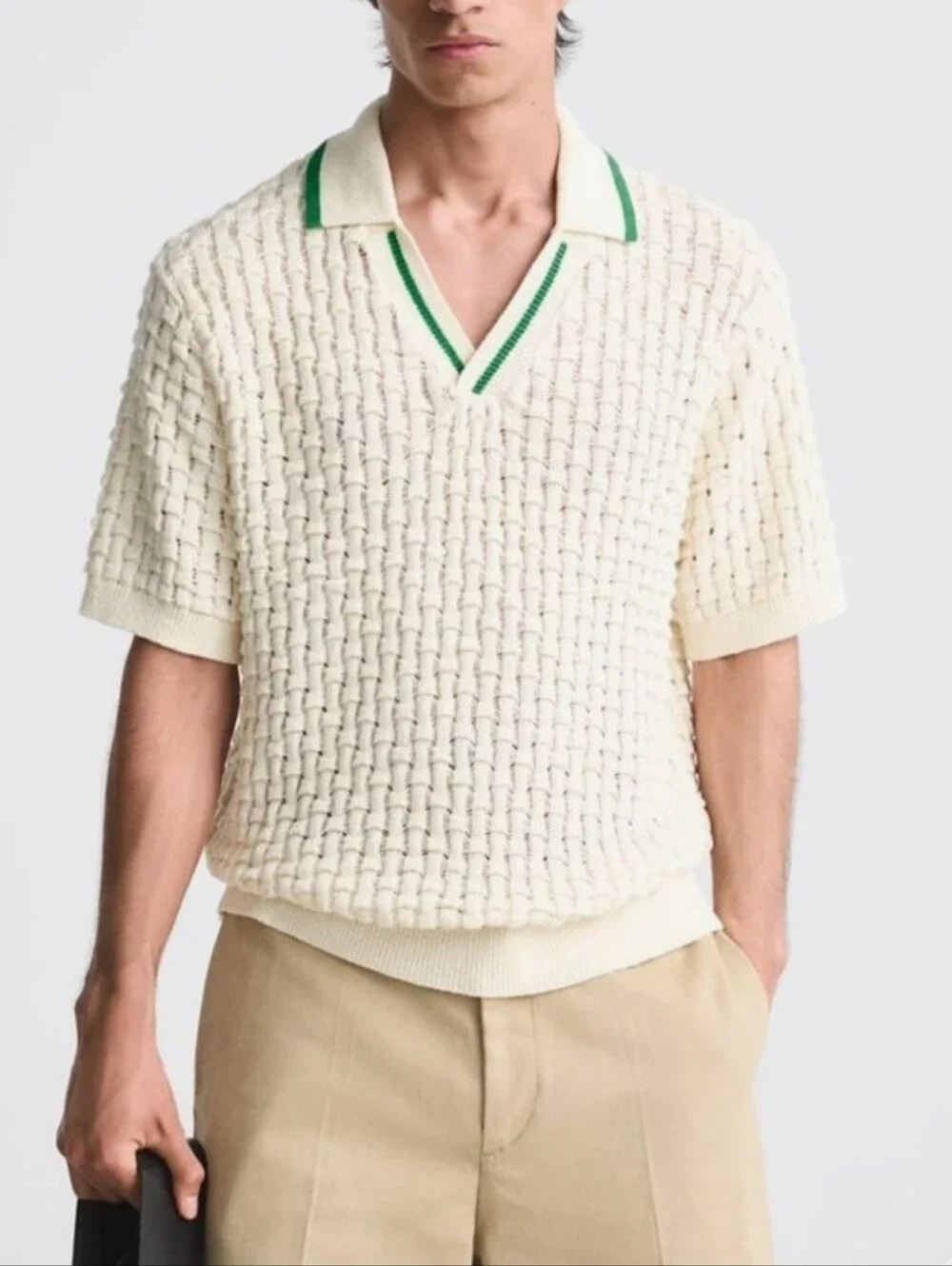 Zara Mens Ivory Linen Cotton Blend Open Knit  Polo Sweater M Preppy Vacation
